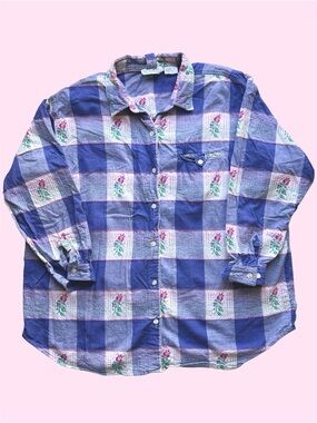 Vintage 90s Liz Moody AOP Floral Plaid Long Sleeve Cottagecore Purple XL